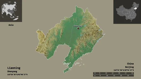 遼寧省 中国の省とその首都の形状 距離スケール プレビューおよびラベル 地形図 3Dレンダリング — ストック写真