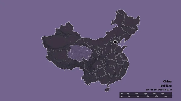 主要な地域部門と分離された青海地域と中国の荒廃した形 ラベル 色の標高マップ 3Dレンダリング — ストック写真