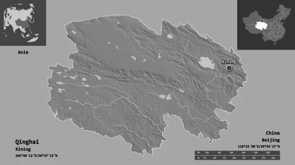 青海省 中国の州とその首都の形状 距離スケール プレビューおよびラベル 標高マップ 3Dレンダリング — ストック写真