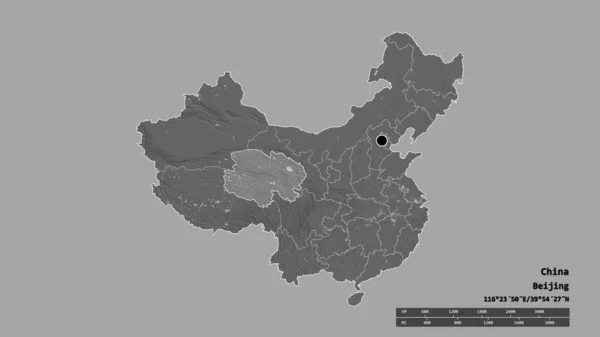 主要な地域部門と分離された青海地域と中国の荒廃した形 ラベル 標高マップ 3Dレンダリング — ストック写真