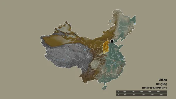 資本金 主要な地域部門と分離山西地域と中国の荒廃した形 ラベル 地形図 3Dレンダリング — ストック写真