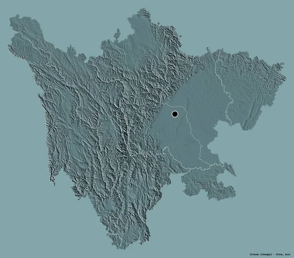 四川省 中国の省の形状は その資本金は固体の色の背景に隔離されました 色の標高マップ 3Dレンダリング — ストック写真