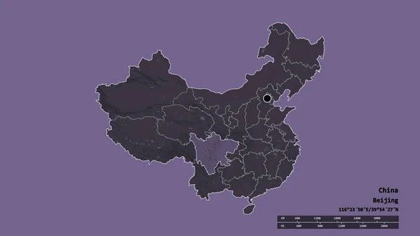 主要な地域部門と分離四川省エリアと中国の荒廃した形 ラベル 色の標高マップ 3Dレンダリング — ストック写真