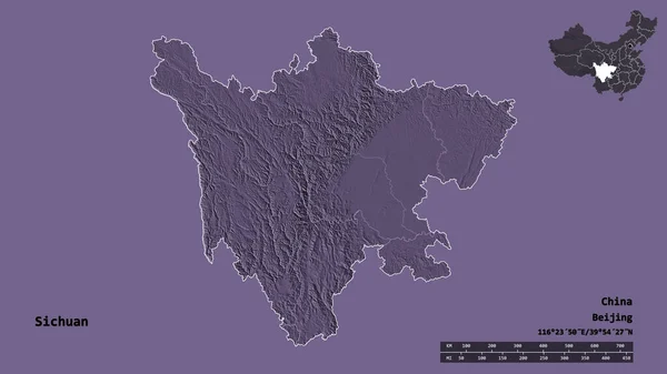 Shape of Sichuan, province of China, with its capital isolated on solid background. Distance scale, region preview and labels. Colored elevation map. 3D rendering