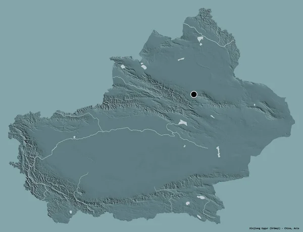 新疆ウイグル自治区 中国の自治区の形状は その資本金をしっかりとした色の背景に隔離された 色の標高マップ 3Dレンダリング — ストック写真