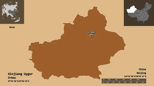 Shape Xinjiang Uygur Autonomous Region China Its Capital Distance Scale — Stock Photo, Image