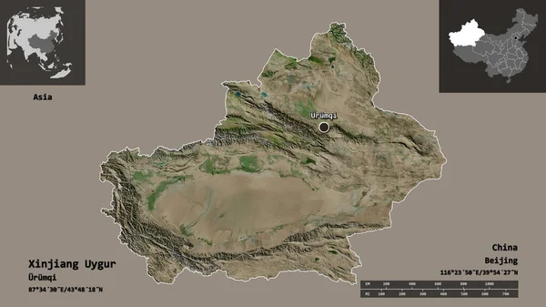 新疆ウィグル 中国の自治区とその首都の形状 距離スケール プレビューおよびラベル 衛星画像 3Dレンダリング — ストック写真