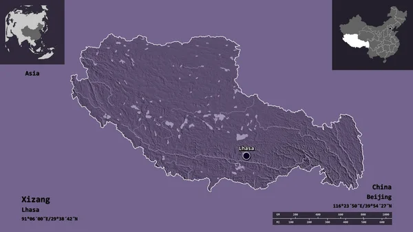 Form Xizang Autonoma Regionen Kina Och Dess Huvudstad Avståndsskala Förhandsvisningar — Stockfoto