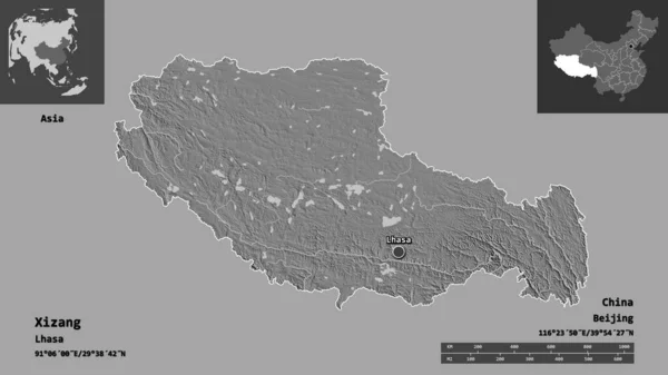 中国の自治区である西蔵の形とその首都 距離スケール プレビューおよびラベル 標高マップ 3Dレンダリング — ストック写真