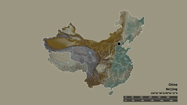 主要な地域部門と分離されたXizangエリアと中国の荒廃した形 ラベル 地形図 3Dレンダリング — ストック写真