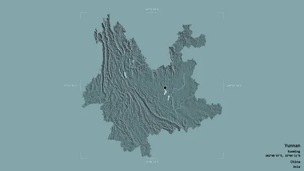 中国の雲南省の地域は 洗練された境界ボックス内の強固な背景に隔離されています ラベル 色の標高マップ 3Dレンダリング — ストック写真