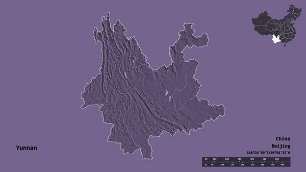 中国の省 雲南省の形は その資本をしっかりとした背景に隔離された 距離スケール リージョンプレビュー およびラベル 色の標高マップ 3Dレンダリング — ストック写真