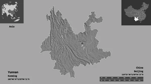 雲南省 中国の省とその首都の形 距離スケール プレビューおよびラベル 標高マップ 3Dレンダリング — ストック写真