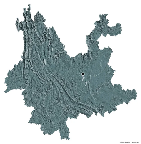 中国の省 雲南省の形状は その首都の白い背景に孤立した 色の標高マップ 3Dレンダリング — ストック写真