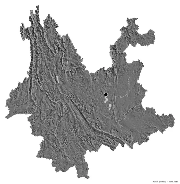 中国の省 雲南省の形状は その首都の白い背景に孤立した 標高マップ 3Dレンダリング — ストック写真