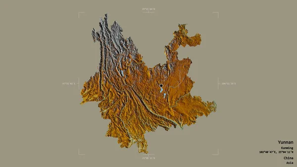 Area of Yunnan, province of China, isolated on a solid background in a georeferenced bounding box. Labels. Topographic relief map. 3D rendering