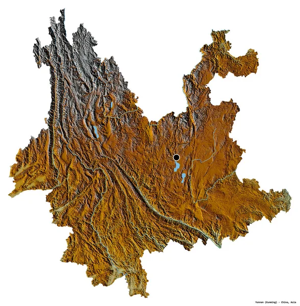 Shape Yunnan Province China Its Capital Isolated White Background Topographic — Stock Photo, Image