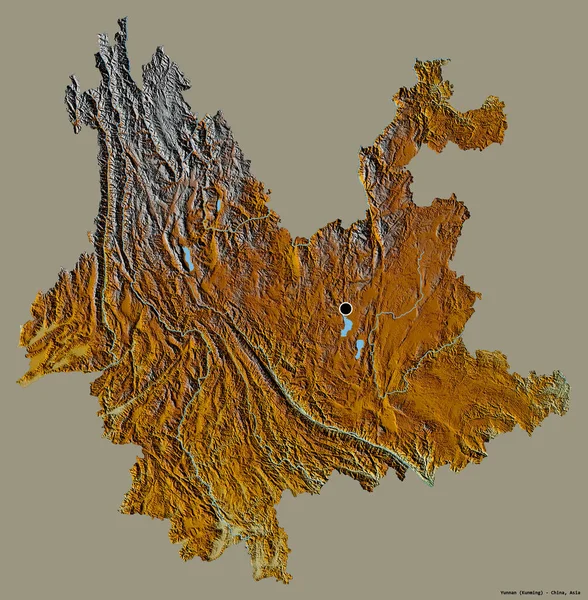 云南的形状 中国的省 它的首都孤立在一个坚实的色彩背景 地形浮雕图 3D渲染 — 图库照片