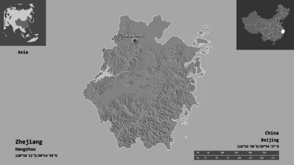 浙江省 中国の州とその首都の形状 距離スケール プレビューおよびラベル 標高マップ 3Dレンダリング — ストック写真