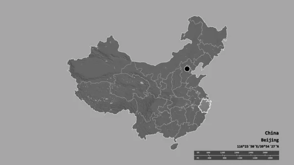 中国的经济形貌以其首都 主要的地域区划和分隔的浙江地区为特征 Bilevel高程图 3D渲染 — 图库照片