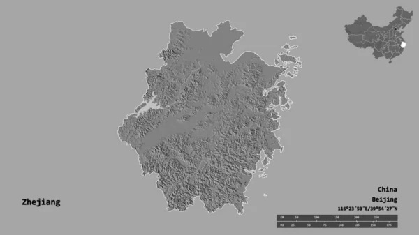 中国の省 浙江省の形状は その資本がしっかりとした背景に隔離されています 距離スケール リージョンプレビュー およびラベル 標高マップ 3Dレンダリング — ストック写真