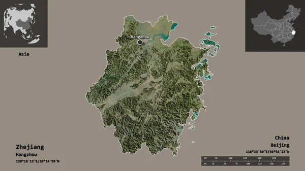 浙江省 中国の州とその首都の形状 距離スケール プレビューおよびラベル 衛星画像 3Dレンダリング — ストック写真