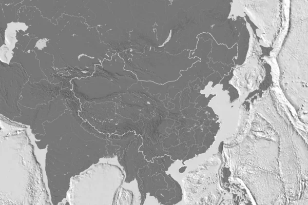 Extended area of China with country outline, international and regional borders. Bilevel elevation map. 3D rendering