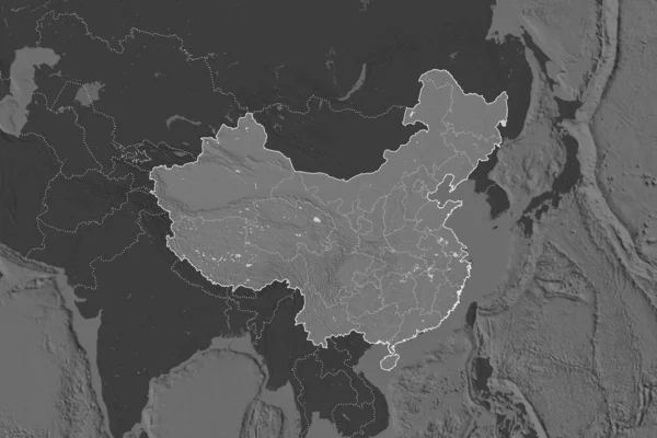 Forma China Separada Pela Dessaturação Áreas Vizinhas Fronteiras Mapa Elevação — Fotografia de Stock