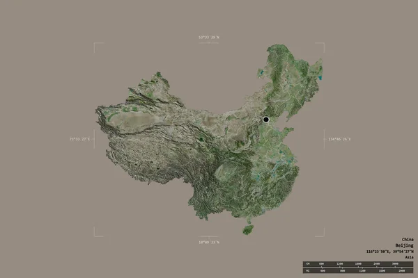 Area of China isolated on a solid background in a georeferenced bounding box. Main regional division, distance scale, labels. Satellite imagery. 3D rendering