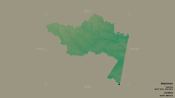コロンビアのコミッショナーであるアマゾナス州の地域は 洗練された境界ボックス内の強固な背景に隔離されています ラベル 地形図 3Dレンダリング — ストック写真