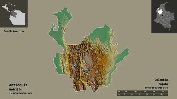 コロンビアとその首都のアンティオキアの形 距離スケール プレビューおよびラベル 地形図 3Dレンダリング — ストック写真