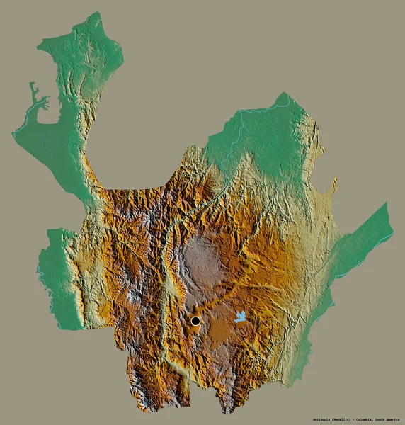 コロンビアの首都アンティオキアの形は しっかりとした色の背景に隔離されています 地形図 3Dレンダリング — ストック写真