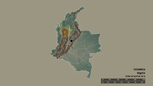 主要な地域部門と分離されたアンティオキア地域とコロンビアの荒廃した形 ラベル 地形図 3Dレンダリング — ストック写真