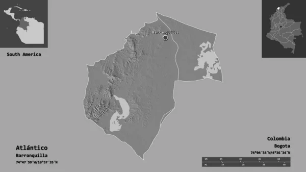哥伦比亚省大西洋沿岸的形状及其首都 距离刻度 预览和标签 Bilevel高程图 3D渲染 — 图库照片