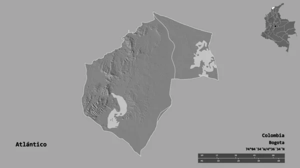 コロンビアの部門であるAtlanticoの形状は その資本をしっかりとした背景に隔離しています 距離スケール リージョンプレビュー およびラベル 標高マップ 3Dレンダリング — ストック写真