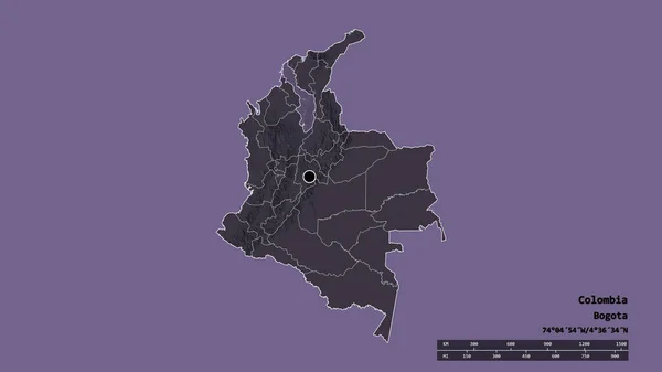 主要な地域部門と分離ボリバル地域とコロンビアの荒廃した形 ラベル 色の標高マップ 3Dレンダリング — ストック写真