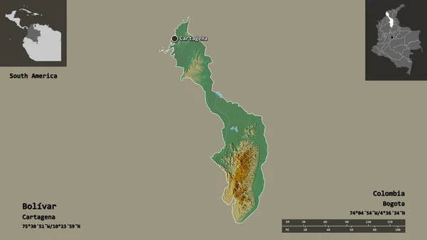 ボリバルの形 コロンビアの部門 その首都 距離スケール プレビューおよびラベル 地形図 3Dレンダリング — ストック写真