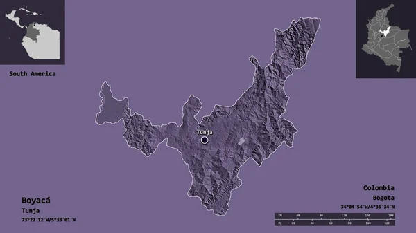 ボヤカの形 コロンビアの部門 その首都 距離スケール プレビューおよびラベル 色の標高マップ 3Dレンダリング — ストック写真