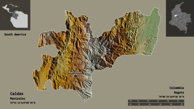 Caldas 'ın şekli, Kolombiya Departmanı ve başkenti. Uzaklık ölçeği, ön gösterimler ve etiketler. Topografik yardım haritası. 3B görüntüleme
