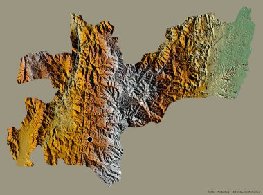Caldas 'ın şekli, Kolombiya departmanı, başkenti koyu renk arka planda izole edilmiş. Topografik yardım haritası. 3B görüntüleme