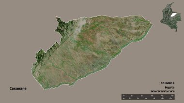 Casanare 'nin şekli, Kolombiya' nın yoğunluğu, sermayesi sağlam arka planda izole edilmiş. Uzaklık ölçeği, bölge önizlemesi ve etiketleri. Uydu görüntüleri. 3B görüntüleme