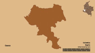Kolombiya Bölümü, Cauca 'nın şekli, sermayesi sağlam arka planda izole edilmiş. Uzaklık ölçeği, bölge önizlemesi ve etiketleri. Desenli dokuların bileşimi. 3B görüntüleme