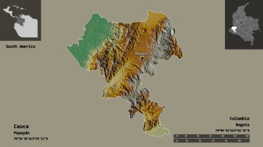 Cauca 'nın şekli, Kolombiya Bölümü ve başkenti. Uzaklık ölçeği, ön gösterimler ve etiketler. Topografik yardım haritası. 3B görüntüleme