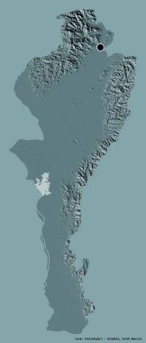 Cesar 'ın şekli, Kolombiya departmanı, başkenti koyu renk arka planda izole edilmiş. Renkli yükseklik haritası. 3B görüntüleme