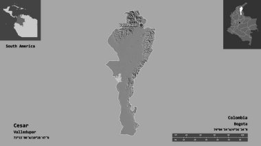 Cesar 'ın şekli, Kolombiya Departmanı ve başkenti. Uzaklık ölçeği, ön gösterimler ve etiketler. Çift seviyeli yükseklik haritası. 3B görüntüleme