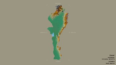 Cesar bölgesi, Kolombiya departmanı, jeoreferatlı bir sınır kutusunda sağlam bir arka planda izole edilmiş. Etiketler. Topografik yardım haritası. 3B görüntüleme