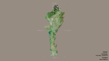 Cesar bölgesi, Kolombiya departmanı, jeoreferatlı bir sınır kutusunda sağlam bir arka planda izole edilmiş. Etiketler. Uydu görüntüleri. 3B görüntüleme