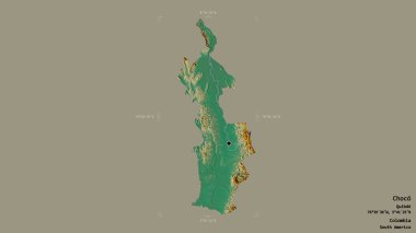 Choco Bölgesi, Kolombiya Bölgesi, sağlam bir arka planda izole edilmiş bir sınır kutusunda. Etiketler. Topografik yardım haritası. 3B görüntüleme