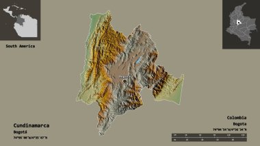Cundinamarca 'nın şekli, Kolombiya Bölümü ve başkenti. Uzaklık ölçeği, ön gösterimler ve etiketler. Topografik yardım haritası. 3B görüntüleme