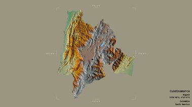 Kolombiya Bölgesi, Cundinamarca Bölgesi, katı bir arka planda izole edilmiş bir sınır kutusunda. Etiketler. Topografik yardım haritası. 3B görüntüleme